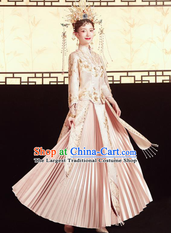 Chinese Traditional Wedding Embroidered Champagne Xiu He Suit Blouse and Dress Ancient Bride Costumes for Women