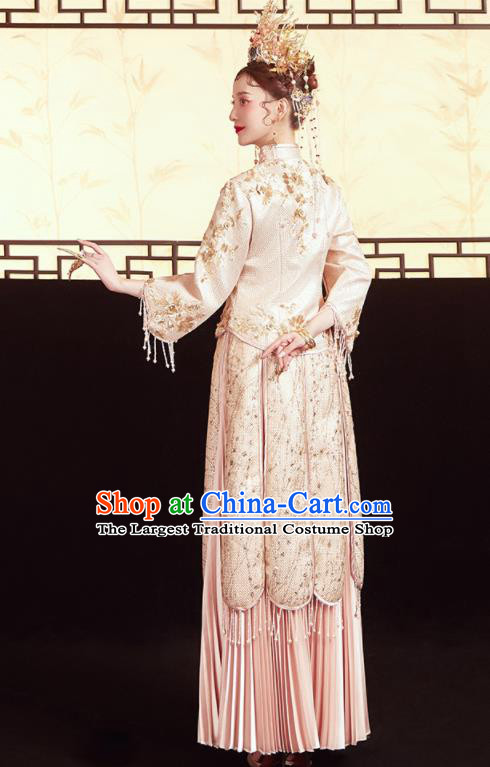 Chinese Traditional Wedding Embroidered Champagne Xiu He Suit Blouse and Dress Ancient Bride Costumes for Women
