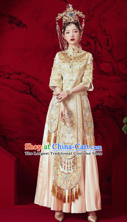 Chinese Traditional Wedding Embroidered Beige Xiu He Suit Blouse and Dress Ancient Bride Costumes for Women