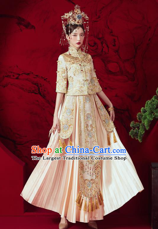 Chinese Traditional Wedding Embroidered Beige Xiu He Suit Blouse and Dress Ancient Bride Costumes for Women