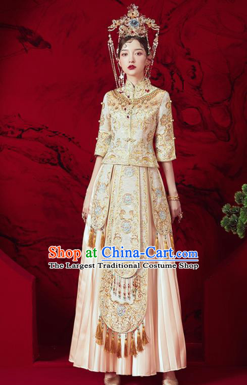 Chinese Traditional Wedding Embroidered Beige Xiu He Suit Blouse and Dress Ancient Bride Costumes for Women