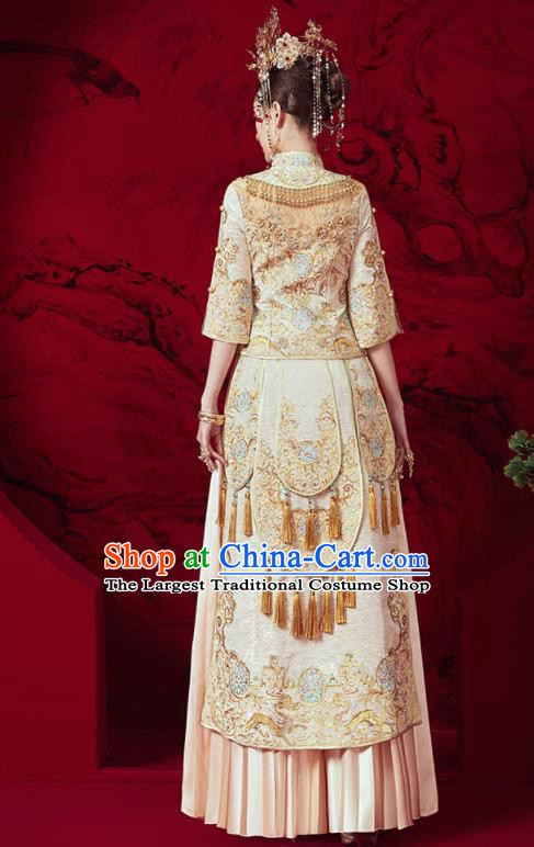 Chinese Traditional Wedding Embroidered Beige Xiu He Suit Blouse and Dress Ancient Bride Costumes for Women