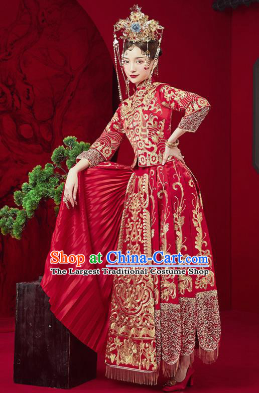 Chinese Traditional Wedding Xiu He Suit Embroidered Blouse and Dress Ancient Bride Costumes for Women