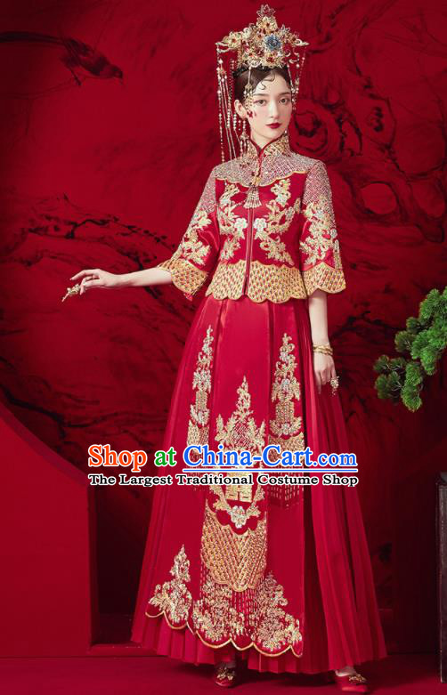 Chinese Traditional Wedding Red Xiu He Suit Embroidered Blouse and Dress Ancient Bride Costumes for Women