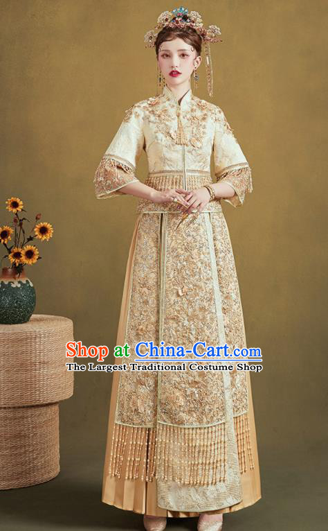Chinese Traditional Wedding Light Golden Xiu He Suit Embroidered Blouse and Dress Ancient Bride Costumes for Women