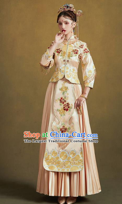 Chinese Traditional Wedding Light Golden Xiu He Suit Embroidered Peony Blouse and Dress Ancient Bride Costumes for Women