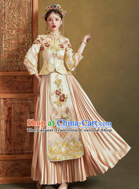 Chinese Traditional Wedding Light Golden Xiu He Suit Embroidered Peony Blouse and Dress Ancient Bride Costumes for Women