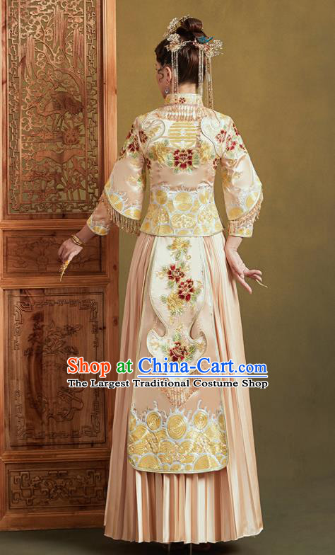 Chinese Traditional Wedding Light Golden Xiu He Suit Embroidered Peony Blouse and Dress Ancient Bride Costumes for Women