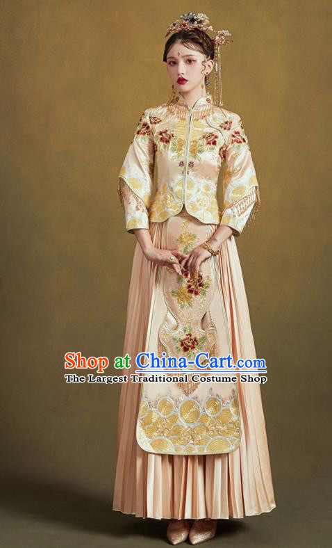 Chinese Traditional Wedding Light Golden Xiu He Suit Embroidered Peony Blouse and Dress Ancient Bride Costumes for Women