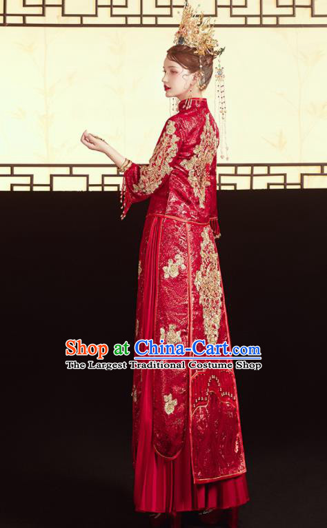 Chinese Traditional Wedding Bottom Drawer Xiu He Suit Embroidered Red Blouse and Dress Ancient Bride Costumes for Women