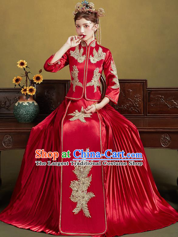 Chinese Traditional Wedding Bottom Drawer Slim Xiu He Suit Embroidered Red Blouse and Dress Ancient Bride Costumes for Women