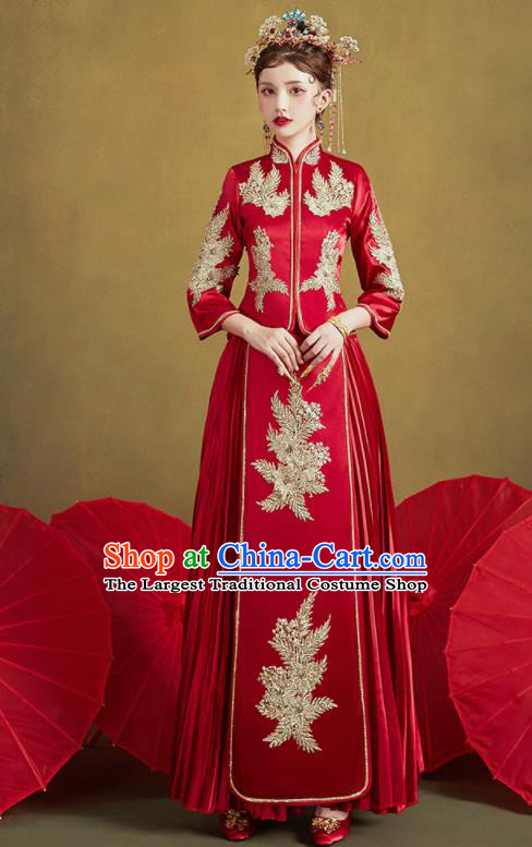 Chinese Traditional Wedding Bottom Drawer Slim Xiu He Suit Embroidered Red Blouse and Dress Ancient Bride Costumes for Women