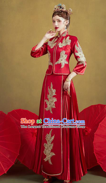 Chinese Traditional Wedding Bottom Drawer Slim Xiu He Suit Embroidered Red Blouse and Dress Ancient Bride Costumes for Women