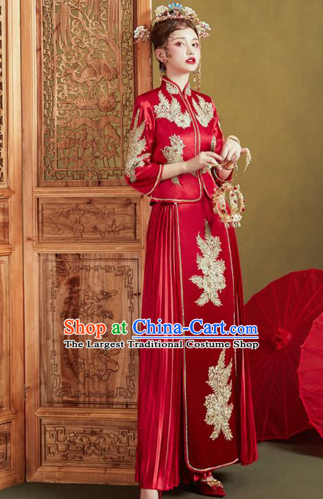 Chinese Traditional Wedding Bottom Drawer Slim Xiu He Suit Embroidered Red Blouse and Dress Ancient Bride Costumes for Women