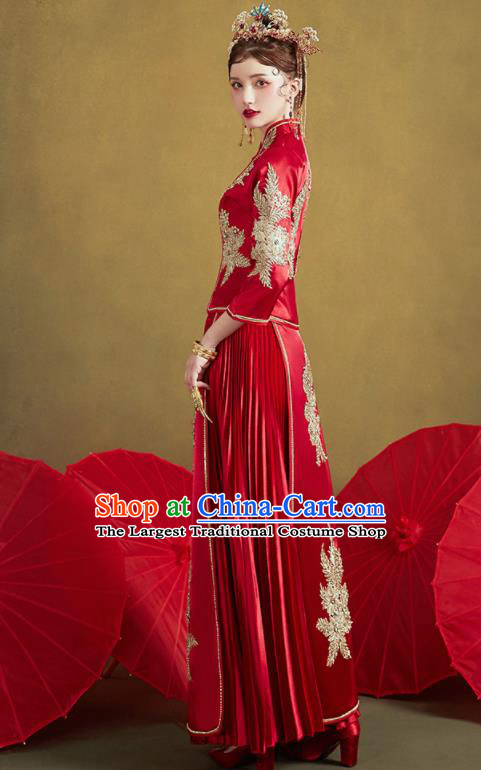 Chinese Traditional Wedding Bottom Drawer Slim Xiu He Suit Embroidered Red Blouse and Dress Ancient Bride Costumes for Women