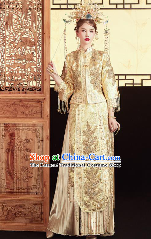 Chinese Traditional Wedding Bottom Drawer Golden Xiu He Suit Embroidered Red Blouse and Dress Ancient Bride Costumes for Women