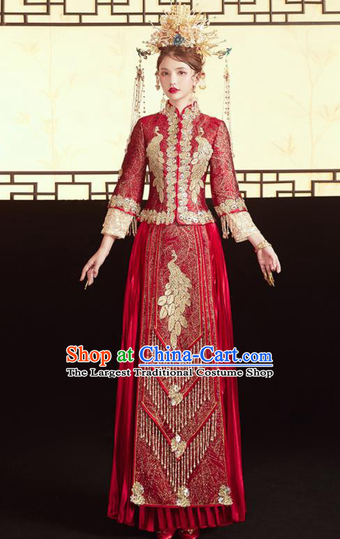 Chinese Traditional Wedding Red Bottom Drawer Xiu He Suit Embroidered Peacock Blouse and Dress Ancient Bride Costumes for Women