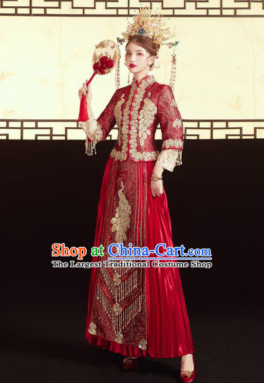 Chinese Traditional Wedding Red Bottom Drawer Xiu He Suit Embroidered Peacock Blouse and Dress Ancient Bride Costumes for Women