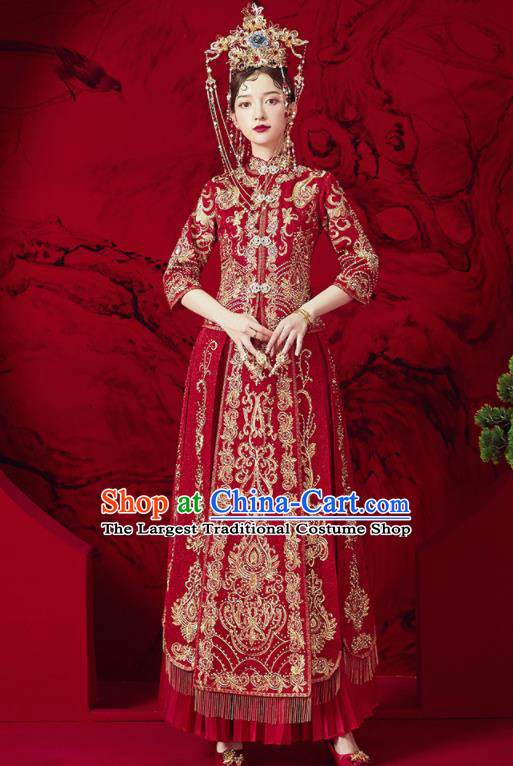 Chinese Traditional Embroidered Blouse and Dress Wedding Red Bottom Drawer Xiu He Suit Ancient Bride Costumes for Women