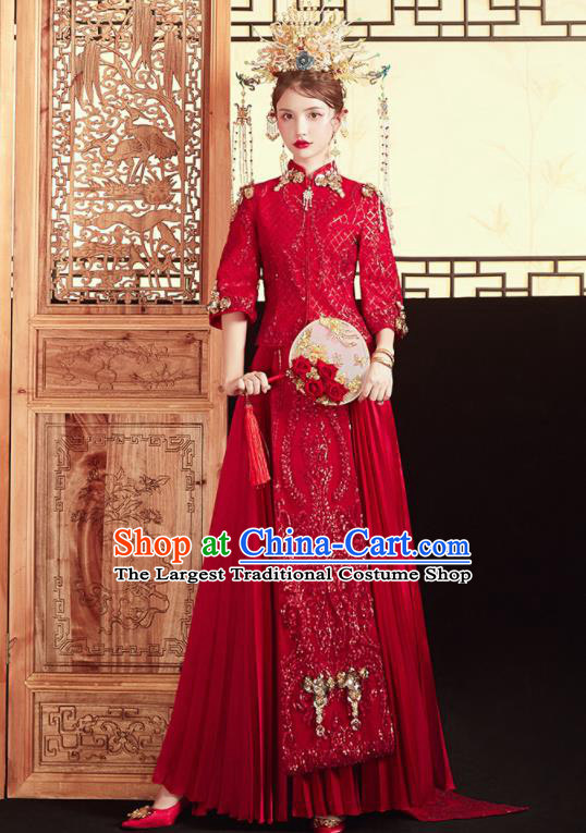 Chinese Traditional Embroidered Blouse and Trailing Dress Wedding Red Bottom Drawer Xiu He Suit Ancient Bride Costumes for Women