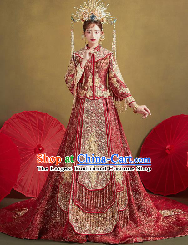 Chinese Traditional Embroidered Red Blouse and Dress Wedding Bottom Drawer Xiu He Suit Ancient Bride Costumes for Women