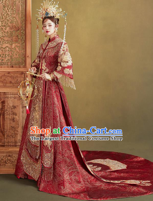 Chinese Traditional Embroidered Red Blouse and Dress Wedding Bottom Drawer Xiu He Suit Ancient Bride Costumes for Women