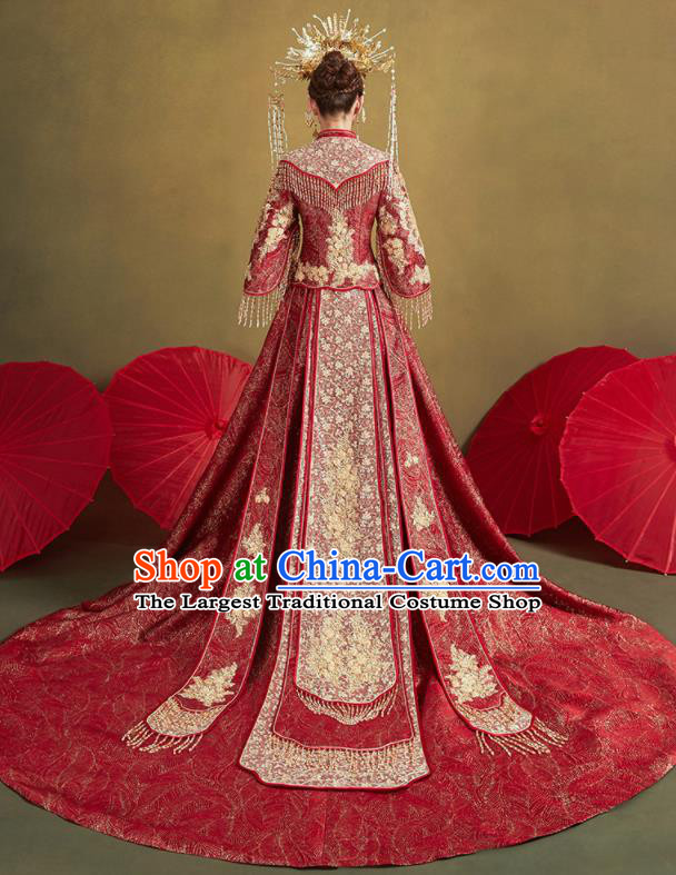 Chinese Traditional Embroidered Red Blouse and Dress Wedding Bottom Drawer Xiu He Suit Ancient Bride Costumes for Women