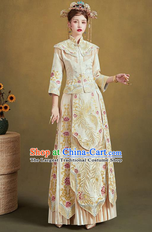 Chinese Traditional Embroidered Phoenix Beige Blouse and Dress Wedding Bottom Drawer Xiu He Suit Ancient Bride Costumes for Women