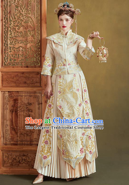 Chinese Traditional Embroidered Phoenix Beige Blouse and Dress Wedding Bottom Drawer Xiu He Suit Ancient Bride Costumes for Women