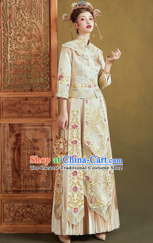 Chinese Traditional Embroidered Phoenix Beige Blouse and Dress Wedding Bottom Drawer Xiu He Suit Ancient Bride Costumes for Women