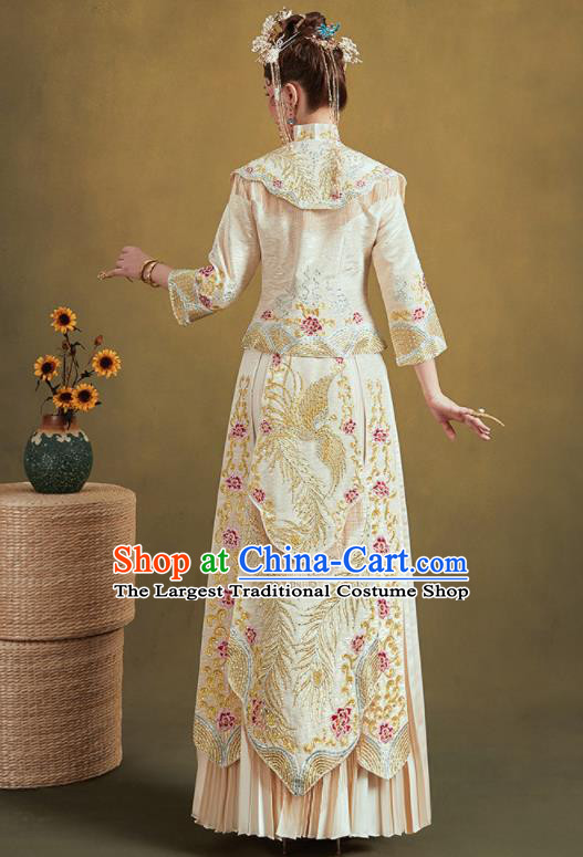 Chinese Traditional Embroidered Phoenix Beige Blouse and Dress Wedding Bottom Drawer Xiu He Suit Ancient Bride Costumes for Women