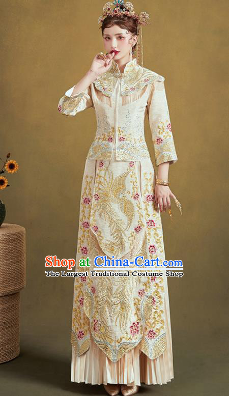 Chinese Traditional Embroidered Phoenix Beige Blouse and Dress Wedding Bottom Drawer Xiu He Suit Ancient Bride Costumes for Women