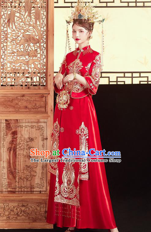 Chinese Traditional Embroidered Blouse and Dress Wedding Bottom Drawer Xiu He Suit Ancient Bride Costumes for Women