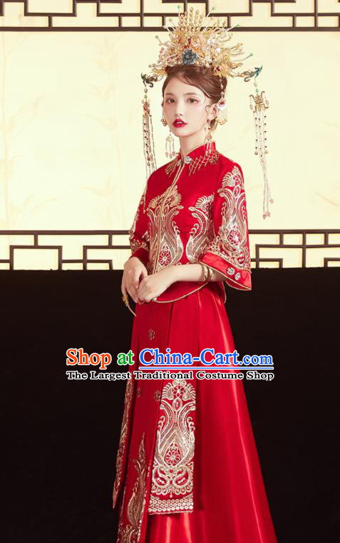 Chinese Traditional Embroidered Blouse and Dress Wedding Bottom Drawer Xiu He Suit Ancient Bride Costumes for Women