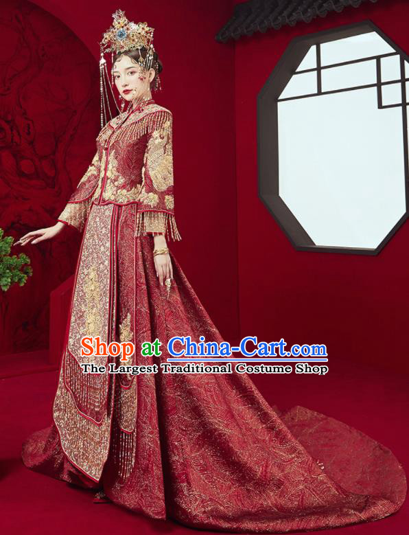 Chinese Traditional Wedding Red Trailing Xiu He Suit Embroidered Blouse and Dress Ancient Bride Costumes for Women