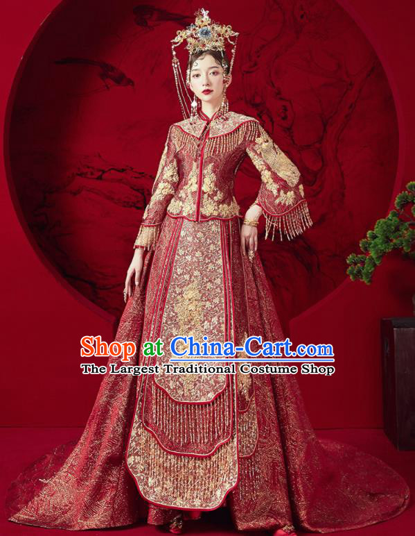 Chinese Traditional Wedding Red Trailing Xiu He Suit Embroidered Blouse and Dress Ancient Bride Costumes for Women