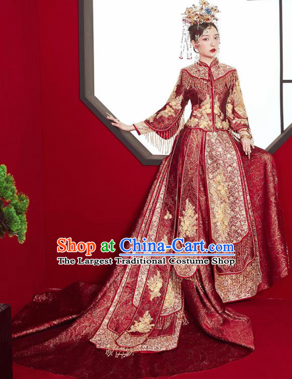 Chinese Traditional Wedding Red Trailing Xiu He Suit Embroidered Blouse and Dress Ancient Bride Costumes for Women