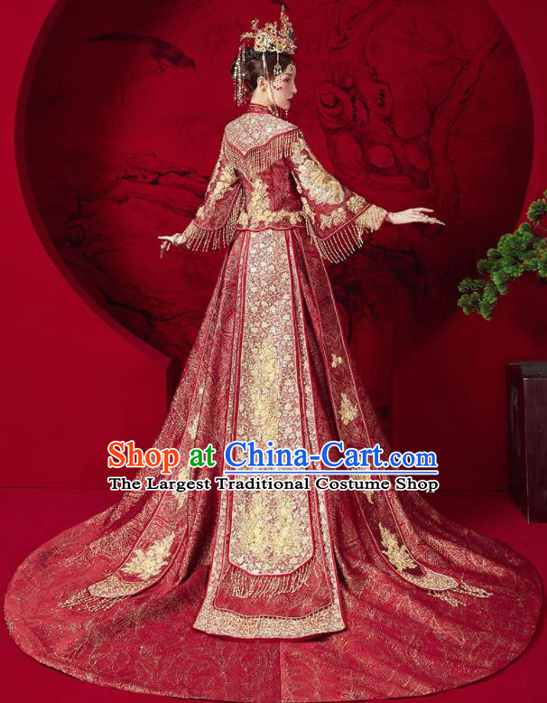 Chinese Traditional Wedding Red Trailing Xiu He Suit Embroidered Blouse and Dress Ancient Bride Costumes for Women