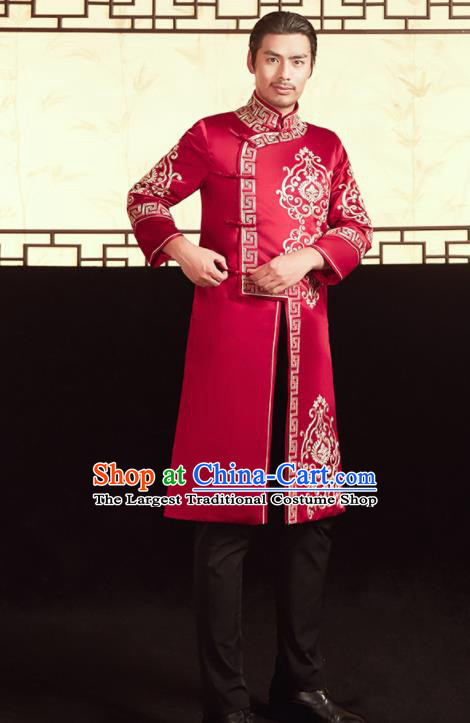 Chinese Ancient Bridegroom Embroidered Red Mandarin Jacket and Pants Traditional Wedding Tang Suit Costumes for Men