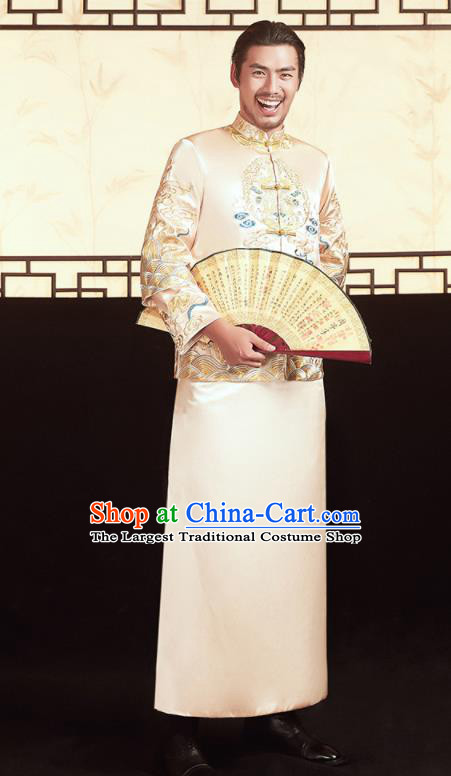 Chinese Ancient Bridegroom Embroidered Light Golden Mandarin Jacket and Long Gown Traditional Wedding Tang Suit Costumes for Men