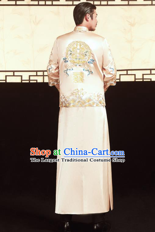 Chinese Ancient Bridegroom Embroidered Light Golden Mandarin Jacket and Long Gown Traditional Wedding Tang Suit Costumes for Men