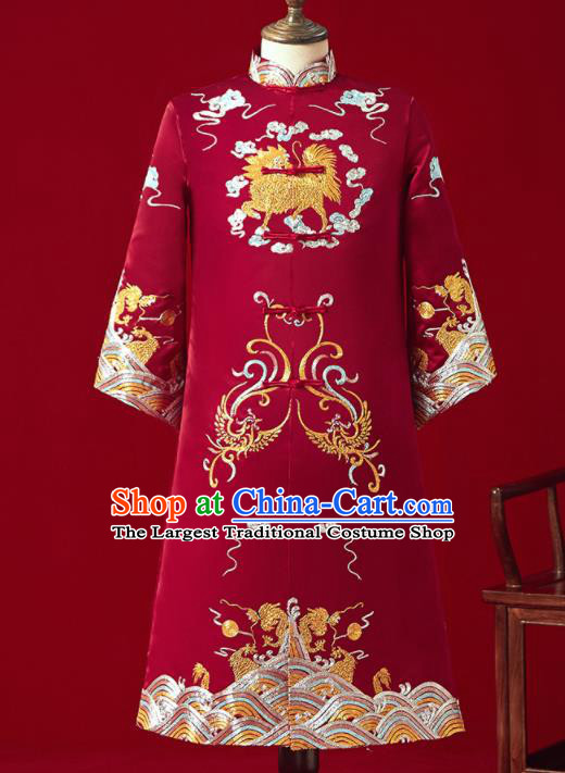 Chinese Ancient Bridegroom Embroidered Kylin Red Mandarin Jacket Traditional Wedding Tang Suit Costumes for Men