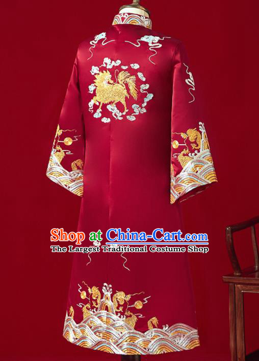 Chinese Ancient Bridegroom Embroidered Kylin Red Mandarin Jacket Traditional Wedding Tang Suit Costumes for Men