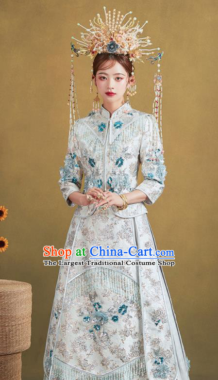 Chinese Traditional Wedding White Xiu He Suit Embroidered Blouse and Dress Ancient Bride Costumes for Women
