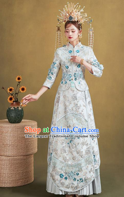 Chinese Traditional Wedding White Xiu He Suit Embroidered Blouse and Dress Ancient Bride Costumes for Women