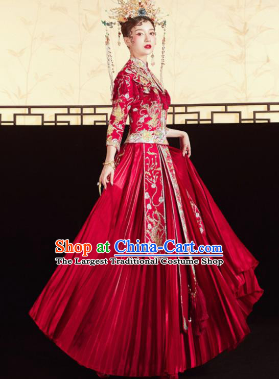 Chinese Traditional Embroidered Red Tassel Blouse and Dress Wedding Bottom Drawer Xiu He Suit Ancient Bride Costumes for Women