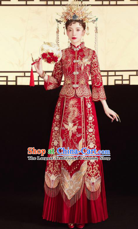 Chinese Traditional Embroidered Phoenix Red Blouse and Dress Wedding Bottom Drawer Xiu He Suit Ancient Bride Costumes for Women