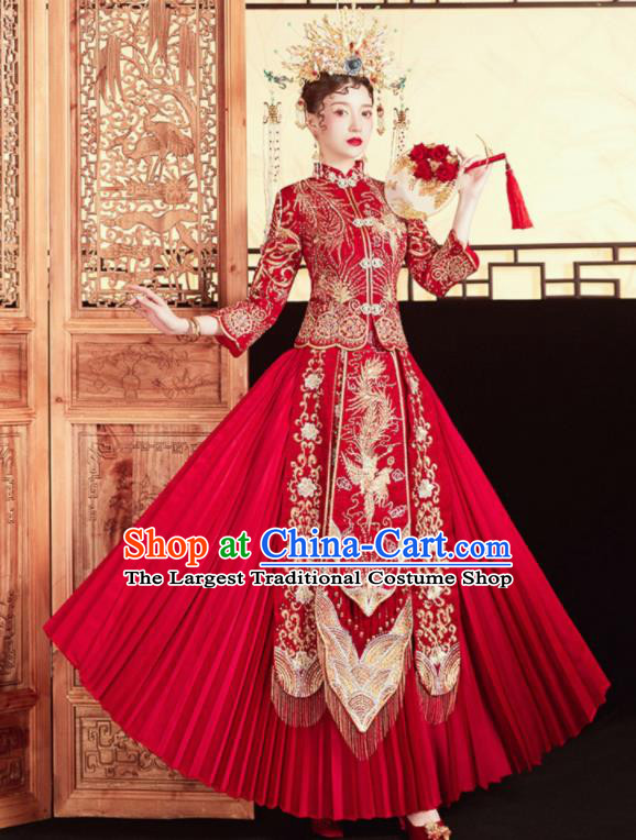 Chinese Traditional Embroidered Phoenix Red Blouse and Dress Wedding Bottom Drawer Xiu He Suit Ancient Bride Costumes for Women