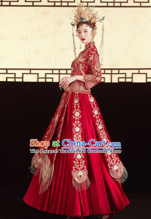 Chinese Traditional Embroidered Phoenix Red Blouse and Dress Wedding Bottom Drawer Xiu He Suit Ancient Bride Costumes for Women