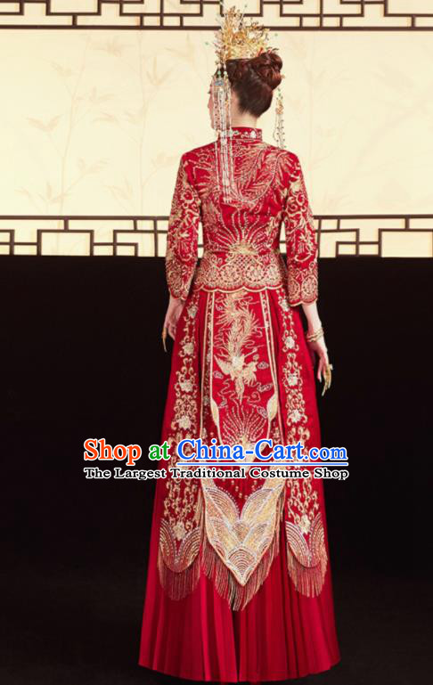 Chinese Traditional Embroidered Phoenix Red Blouse and Dress Wedding Bottom Drawer Xiu He Suit Ancient Bride Costumes for Women